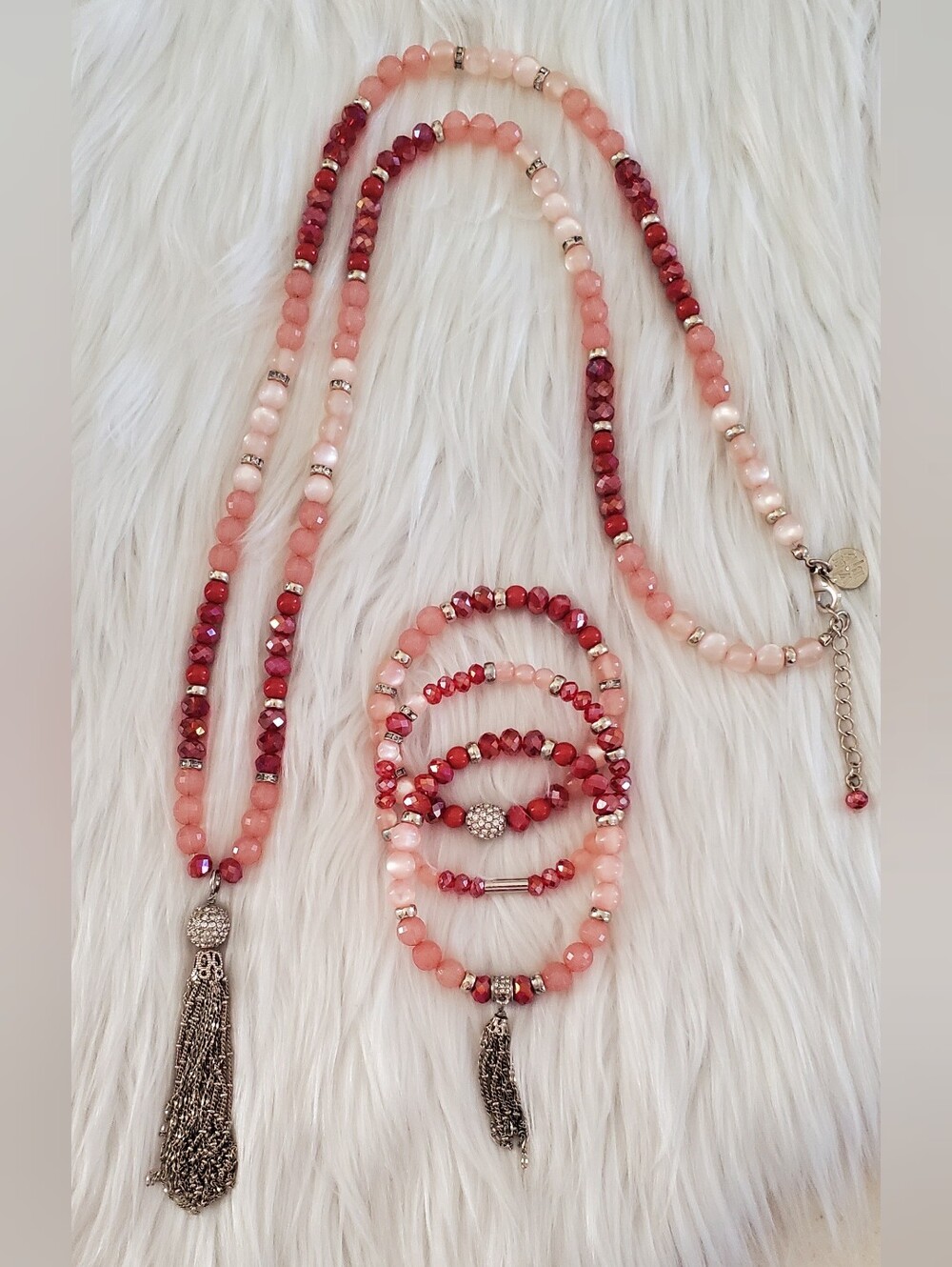 WHBM Pink, Berry Beaded Tassel Necklace & Stretch Bracelet Set | Crystal Accents - Picture 2 of 10